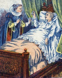 The prince shows the ring to his mother. Anonymous illustration for “” Donkey Skin”” tale by Charles Perrault (1628-1703), French writer. Imagery Marcel Vagne, Jarville Nancy, undated (late 19th century).