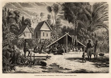 Produksjon av keramikk i Saniaboury (Laos). Gravering for å illustrere utforskningsreisen i Indokina, av Francis Garnier, løytnant de Vaissseau, i 1866-1868, publisert i "" Le tour du monde""" 1870-1871, redigert av Edouard Charton, utgave Hac