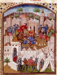 Beleiringen av en by og massakren av dens innbyggere Miniatyr hentet fra "The Facts of the Romans" (eller Li Fet of the Romans), kompilerer Saluste og Suetoine og Lucan. 1400-tallet (ms. 1055, fol. 417) Chantilly, Musee Conde