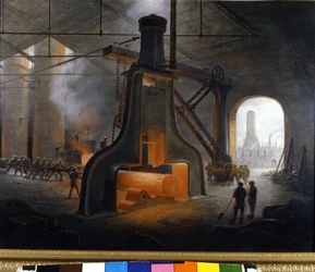 Damphammeren (trommeslageren), oppfunnet av J. Nasmyth, i aksjon brukt i metallurgianlegg i Manchester. Anonymt maleri