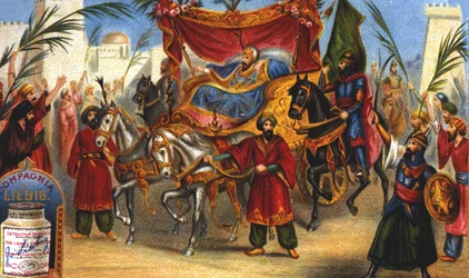 Den triumferende inngangen til Saladin (1138-1193) (Salah al Din Yusuf al-Ayyubi (al Ayyubi), visiren, til byen Jerusalem i 1187. Liebig-kromolitografi fra 1800-tallet.