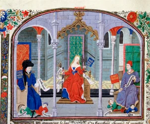 Teori om rettferdighet. Miniatyr fra manuskriptet (Ms 927 Fol.71v) "" Commentary on Political and Economic Ethics"" av den greske filosofen Aristoteles (383-322 f.Kr.) oversatt av Nicolas Oresme (1325-1382)