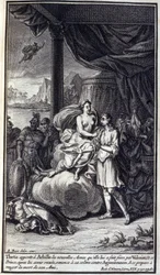 Thetis bringer til Achilles de nye våpnene hun laget til ham av Vulcan; og denne prinsen, etter å ha mottatt dem, gir avkall på sin vrede mot Agamemnon og forbereder seg på å hevne sin venns død. Illustrasjon av bok XIX av Iliaden av Homere, fransk