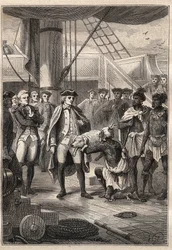 Third voyage (1776-1779) by Captain James Cook (1728-1779): Priest Koah offers a little pig to Cook, aboard the ship Resolution (Hawaii) - illustration from “The Great Mariners of the 18th century”