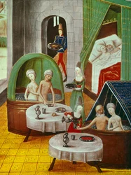 Miniatyrbilde. Inne i et "badehus" i middelalderen