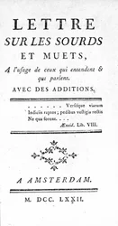 Tittelsiden til "" Brev om døve og stumme til bruk for de som hørte og snakker" av Denis Diderot