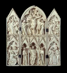 Triptych of Saint-Sulpice du Tarn: Carriage of the Cross, Crucifixion, Descent of the Cross, Adoration of the Magi, Glorious Virgin, Presentation at the Temple. Relieffstrømper i utskåret elfenben. Rundt 1300 Paris, Nasjonalmuseet for middelalderen, Therme