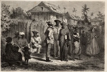 Typer av urfolk Cayenne (Fransk Guyana), kvinner kledd i ungtrær (knyttet kjole) av madras og kledd med fargerike turbaner, mennene adopterte den vestlige kostymen. Gravering for å illustrere reisen i Fransk Guyana i 1862-1863, av Frederic Bouyer, ca.