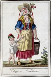Venetiansk landsby med sønnen. 1700-talls gravering.