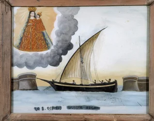 Fartøy i vanskeligheter - maleri på glass, ex-voto av Notre Dame de Laghet, 25x32 cm