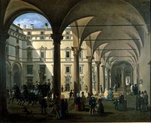 Utsikt over Arcivescovado-domstolen i Milano (maleri, ca. 1850)