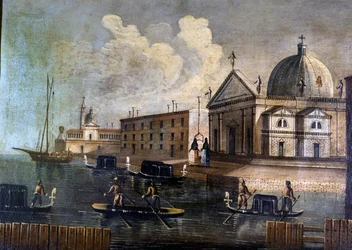 Utsikt over lagunen i Venezia og gondoler. Anonym. 18. århundre.