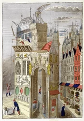 Utsikt over en rue de Paris på 1400-tallet, med bindingsverkshus og en kirke under bygging.