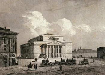 Utsikt over Bolchoi-teatret i Moskva, Russland i 1838 Gravering av 1800-tallet
