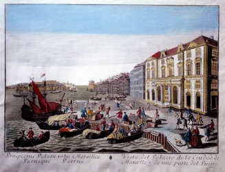 Utsikt over Hotel de Ville og en del av havnen i Marseille Scene for handel og lossing av varer på kaien. Anonym gravering av Marseille fra 1700-tallet, Musee de la Marine