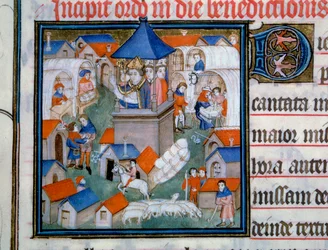 Utsikt over Lendit-messen, populær samling og turgåing i byen Saint Denis Festen i Paris velsignet åpningen av denne begivenheten. Miniatyr fra "Pontifical de Sens"" Paris fra 1300-tallet, B.N.