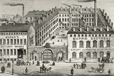 Utsikt over Mappin Brothers bestikkfabrikk i London. Detalj fra annonsen fra 1891. Gravering.