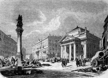 Utsikt over Place de la Bourse i Trieste (i den østerrikske perioden), gravering fra 1800-tallet