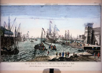 Utsikt over havnen i Civitavecchia, by i kirkens delstat, Italia. Optisk visning av 1700-tallet.