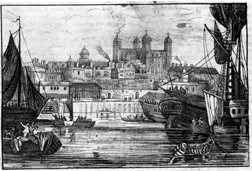 Utsikt over Tower of London og Themsen på slutten av 1700-tallets gravering