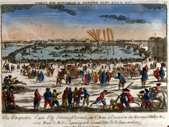 Utsikt over festen gitt i Firenze ved bredden av elven Arno av storhertugen av Toscana i anledning bryllupet til Henrik IV med Maria av Medici i 1600. Gravering.