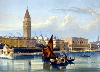Utsikt over den store kanalen og Markusplassen. Venezia Akvarell fra slutten av 1700-tallet, begynnelsen av 1800-tallet