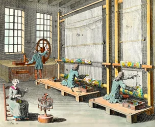 Utsikt over verkstedene og produksjonen av billedvev i den store produksjonen des Gobelins i Paris Gravering av privatsamlingen fra 1700-tallet