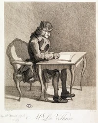 Voltaire ved arbeidsbordet sitt - gravering