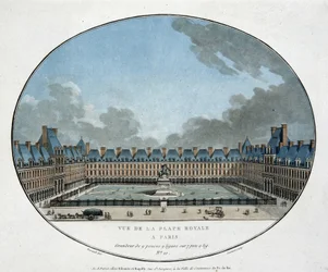 Utsikt over Place Royale i Paris (Place des Vosges). n.d. gravering 1700-tallet.