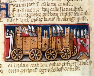 Krigsmaskiner, forløpere for stridsvognen, brukt av Karl den store mot maurerne i Spania - i «Inntoget i Spania», et manuskript fra 1300-tallet. Biblioteca Marciana, Venezia.