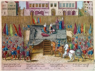 War of Ninety Years: The Decollation of Lamoral, greve av Egmont, Prince of Gavre (1522-1568), nederlandsk politiker. Han ble fordømt innenfor rammen av Conseil des troubles (eller blodrådet) opprettet av hertugen av Alba. Gravering. Paris B.N.
