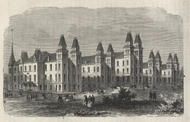 Ward Island Immigrant Hospital - New York State - Emigration Commission Establishment - Gravering i "The Illustrious Universe" fra 1869