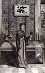 Kvinne fra den kinesiske adelen. "De China Monumenta" av Athanasius Kircher (1601 - 1680), jesuitt, orientalist og tysk lærd, Amsterdam 1667.