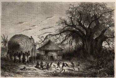 Kvinner fra kantene av Zambeze vinker hytter og i forgrunnen leker barna. Gravering for å illustrere Dr. Livingstones første reiser til Sør-Afrika fra 1840 til 1856, i «Le tour du monde, nouveau journal des voyages»» publisert under direkte