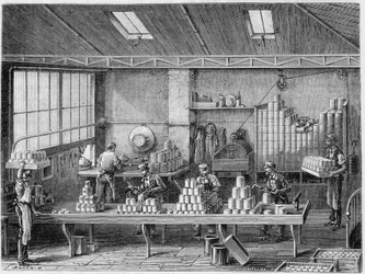 Verksted for fylling og lodding av bokser - i "" The wonders of the industry"" av Louis Figuier
