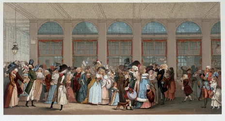 Verdensvandring i tregalleriet til Palais Royal, sent på 1700-tallet - kromo etter graveringen av Debucourt