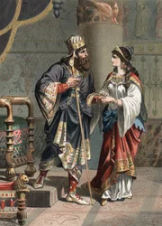 Xerxes I, akamenidekonge av Persia (519-465 f.Kr.), med sin hustru Amestris. Gravering fra 1881 i «El Culto de la Hermosura» av Juan Justo Huguet, Molinas Hermanos Editores