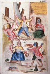 Unge indianere som danser under karnevalet, fra boken "Trujillo del Peru" eller "Códice Martínez Compañón", av Baltazar Martinez Compañón y Bujanda, biskop av Trujillo (1782-1785)