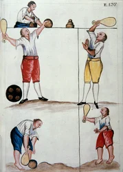 Unge metisser som spiller et ballspill, fra boken "Trujillo del Peru" eller "Códice Martínez Compañón", av Baltazar Martinez Compañón y Bujanda, biskop av Trujillo (1782-1785)