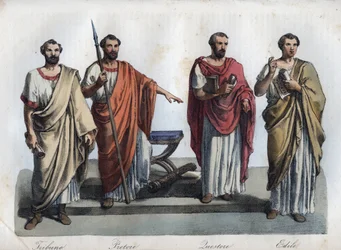 Magistrater i antikkens Roma - Tribunus (Tribun) - praetor (Praetor) (Magistrat) - Quaestores (Kvestorer) - aediles (Aediler), gravering fra «Usi e Costumi di Tutti i Popoli dell
