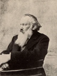 Johannes Brahms (1833–1897) tysk komponist. Signert fotografi tatt i Wien 6. oktober 1895 (halvtone) (trykk)