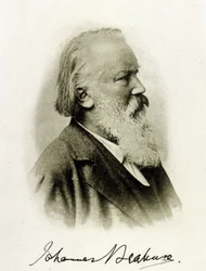 Portrett av Johannes Brahms (1833 - 1897), tysk komponist på et autograffotografi.