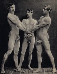 Horatiernes ed, tre nakne menn som avlegger ed. Fotografi, sent 19. århundre, Paris. Coll. Selva.