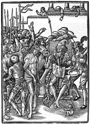 Christ before Pontius Pilate (Pontius Pilatius). Xylography of Urs Graf from 1514. Private collection. Milan.