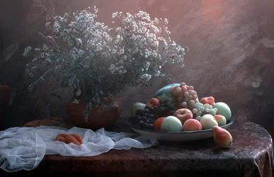 Rustikk frukt og blomster