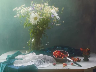 Vilde blomster og kirsebær – stilleben