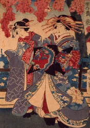To kvinner i en blomsterhage, av Utagawa Kunisada, tresnitt, crepon-teknikk