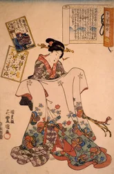 Kvinne med overdådige kjoler, av Utagawa Kunisada