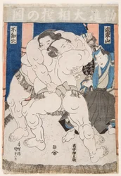 Kamp av sumobrytere. Trykk av Utagawa Kunisada (1786-1865) - Sumobrytere i aksjon, av Kunisada (Toyokuni III), Utagawa (1786-1865). Fargetresnitt. Mål: 37,5x26 cm. Privat samling