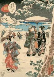 Figurer med parasoller i snø (En scene fra The Tale of Genji) (fargetresnitt på papir)